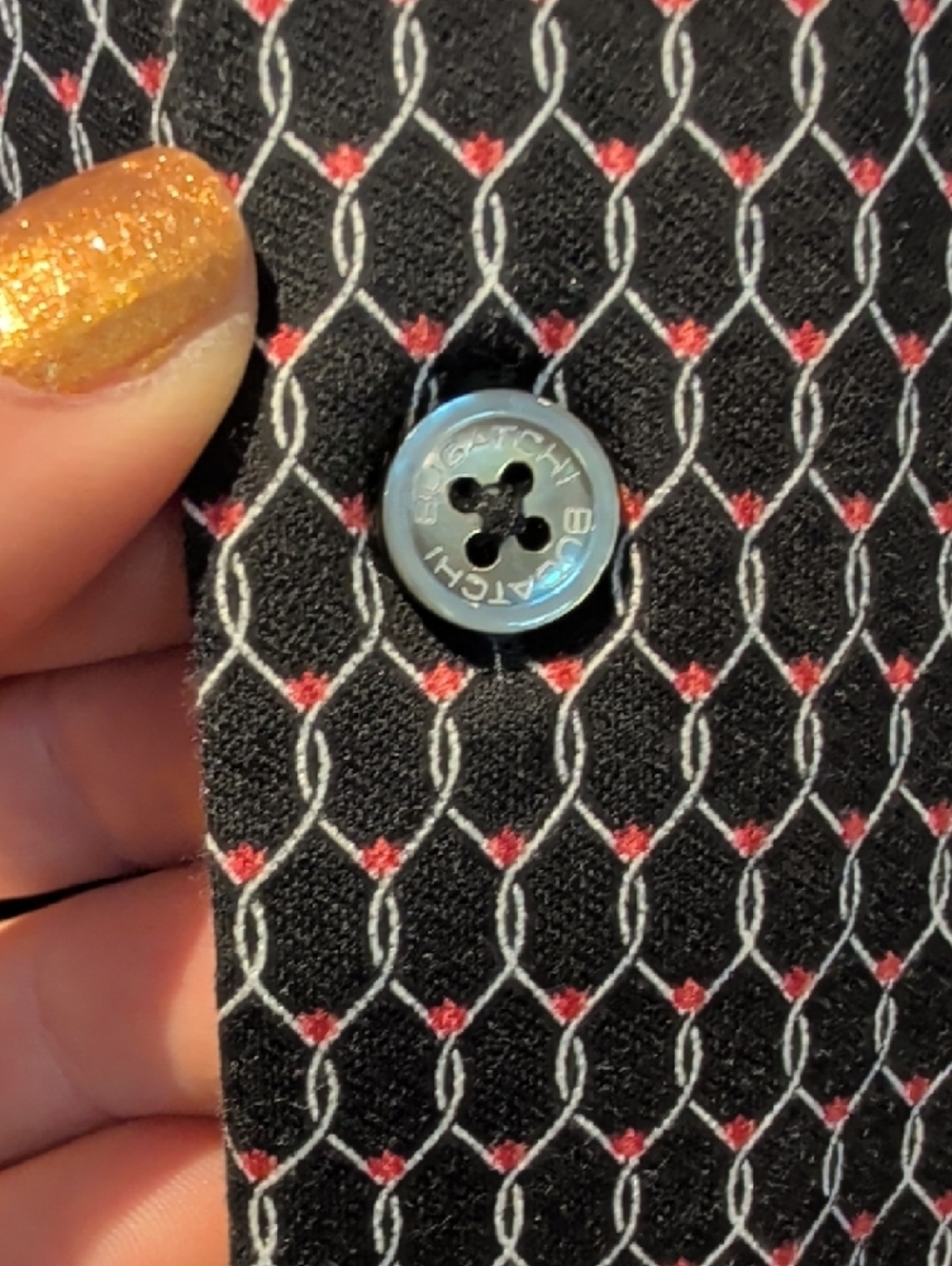 Bugatchi Black Shirt with White and Red Honeycomb Stitching - Picture 5 of 9